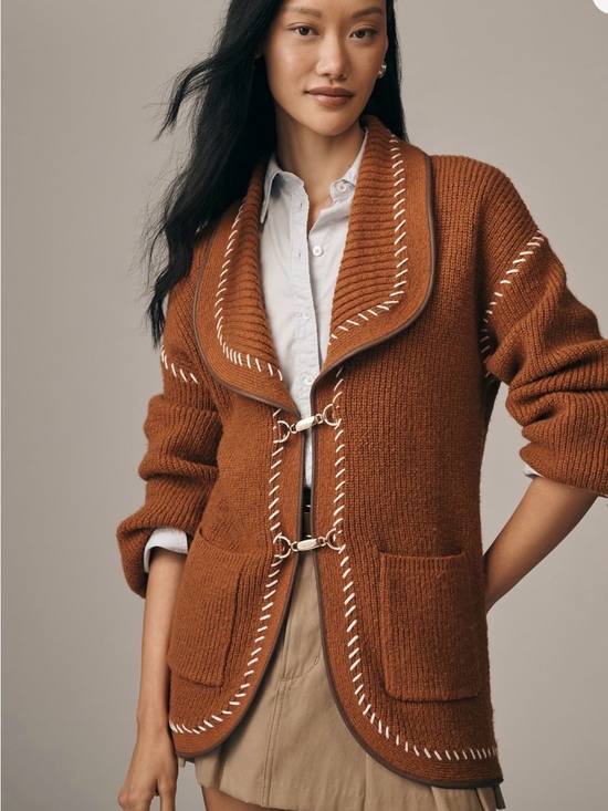 Maeve Sweaters - Maeve Rust Brown Shawl-Collar Cardigan with Contrast Stitching